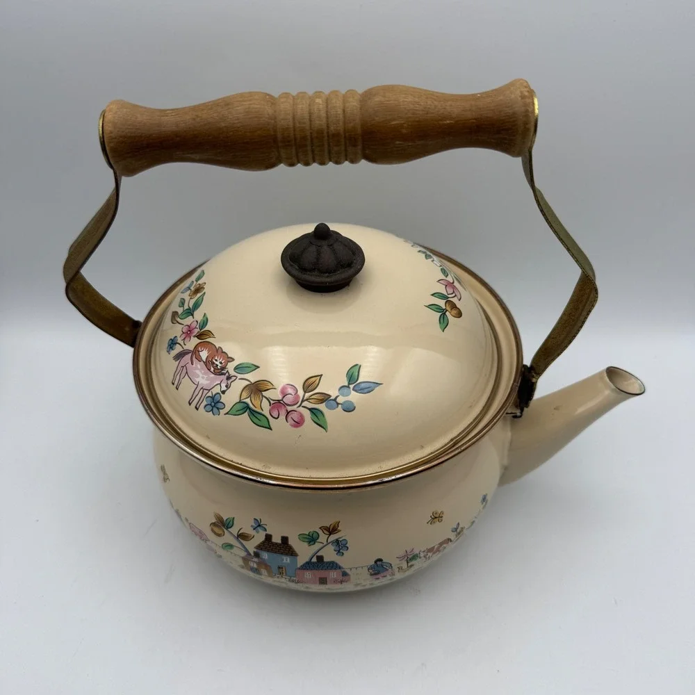 Vintage Tea Kettle Heartland Cottage Farmhouse Folk Art Village Wood Handle Pot